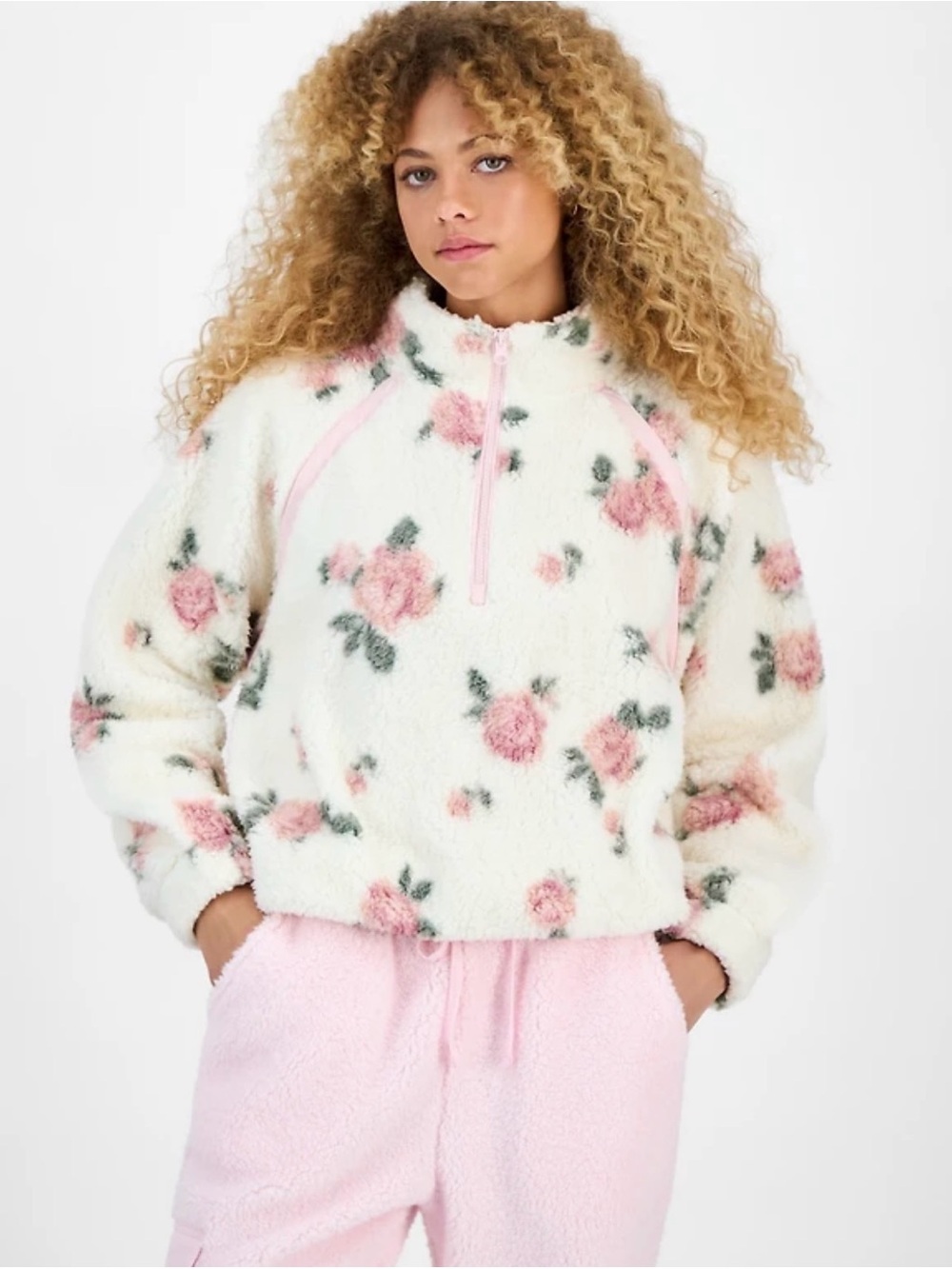 Hippie Rose Cream Sherpa Half‑Zip Jacket with Pink Floral Print